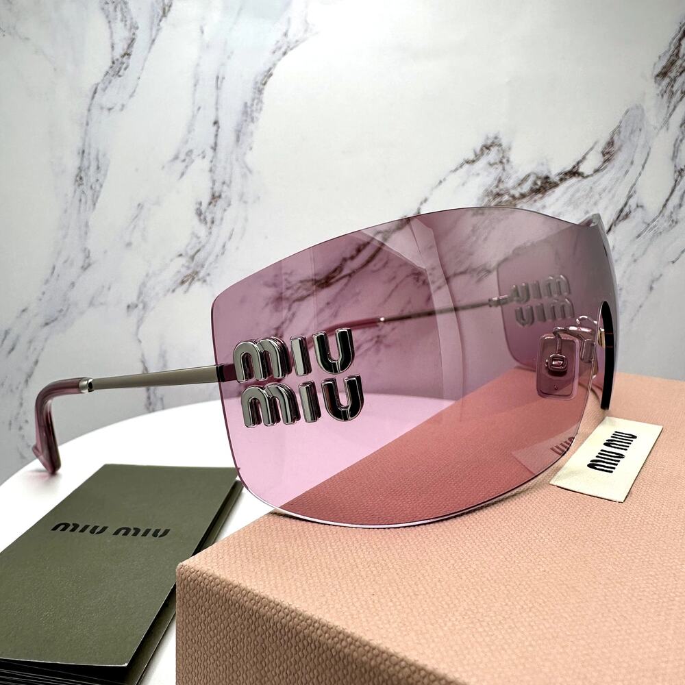 New MIU MIU Sunglasses Aube Silver Pink Mirror Rimless Wrap Authentic Womens